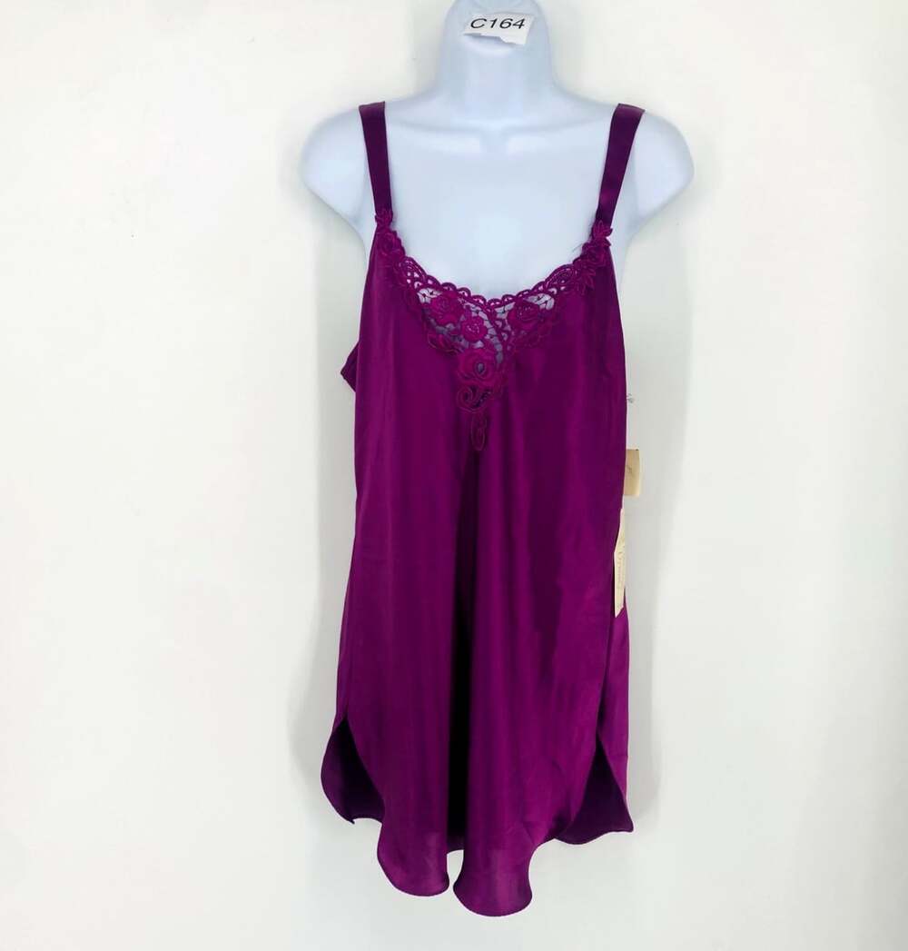 Deadstock California Dynasty Purple Satin Slip Nightgown M Lace USA Vintage NWT